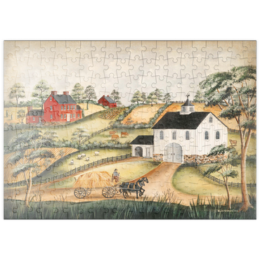 Darstellung des Puzzle Motivs puzzleplate Charming Folk Art Farm Scene with Barn and Horses 200 Puzzle