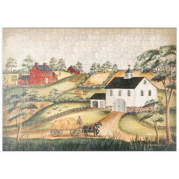 Darstellung des Puzzle Motivs puzzleplate Charming Folk Art Farm Scene with Barn and Horses 500 Puzzle