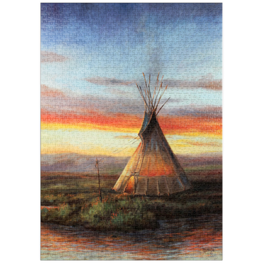 Darstellung des Puzzle Motivs puzzleplate Lone Teepee at Sunset by the River 1000 Puzzle