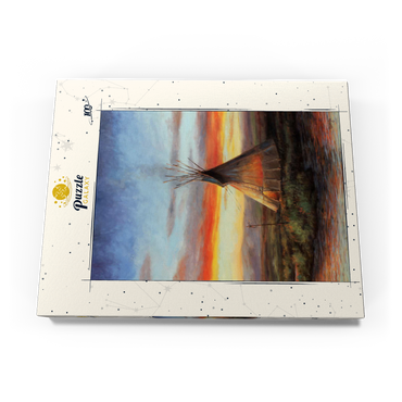 Darstellung des Puzzle Motivs Lone Teepee at Sunset by the River 100 Puzzle Schachtel Ansicht3