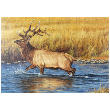 Darstellung des Puzzle Motivs puzzleplate Bull Elk Crossing River in Autumn 1000 Puzzle