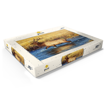 Darstellung des Puzzle Motivs Bull Elk Crossing River in Autumn 100 Puzzle Schachtel Ansicht1
