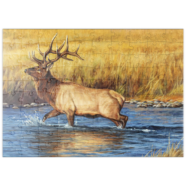 Darstellung des Puzzle Motivs puzzleplate Bull Elk Crossing River in Autumn 100 Puzzle