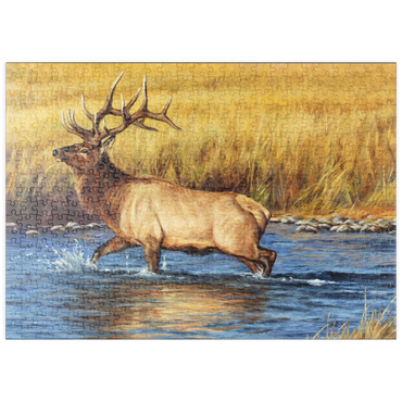 Darstellung des Puzzle Motivs puzzleplate Bull Elk Crossing River in Autumn 500 Puzzle