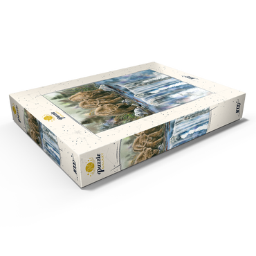 Darstellung des Puzzle Motivs Three Grizzly Cubs by a Waterfall 1000 Puzzle Schachtel Ansicht1
