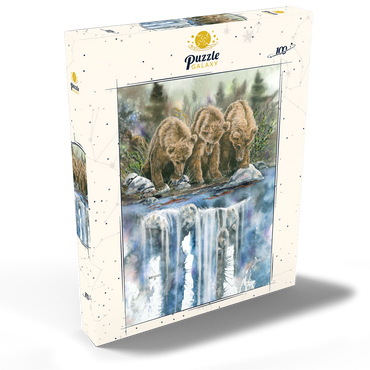 Darstellung des Puzzle Motivs Three Grizzly Cubs by a Waterfall 100 Puzzle Schachtel Ansicht2