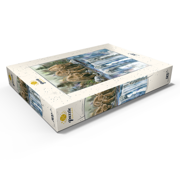 Darstellung des Puzzle Motivs Three Grizzly Cubs by a Waterfall 500 Puzzle Schachtel Ansicht1