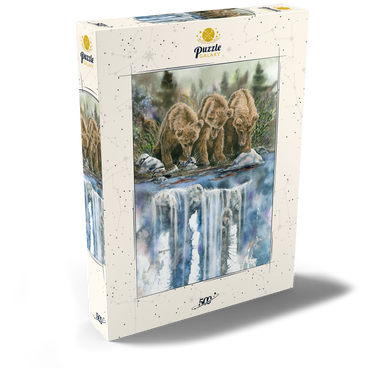 Darstellung des Puzzle Motivs Three Grizzly Cubs by a Waterfall 500 Puzzle Schachtel Ansicht2