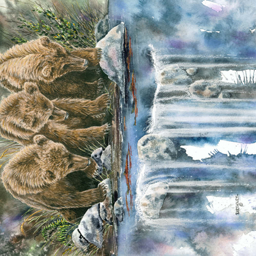 Darstellung des Puzzle Motivs Three Grizzly Cubs by a Waterfall 500 Puzzle 3D Modell