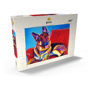 Darstellung des Puzzle Motivs Colorful German Shepherd on Red Chair 1000 Puzzle Schachtel Ansicht2