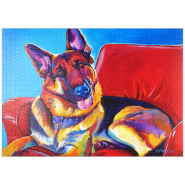 Darstellung des Puzzle Motivs puzzleplate Colorful German Shepherd on Red Chair 1000 Puzzle