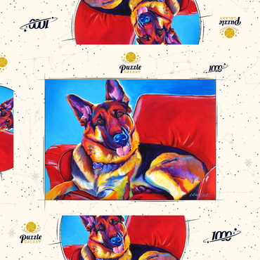 Darstellung des Puzzle Motivs Colorful German Shepherd on Red Chair 1000 Puzzle Schachtel 3D Modell