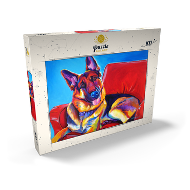 Darstellung des Puzzle Motivs Colorful German Shepherd on Red Chair 100 Puzzle Schachtel Ansicht2