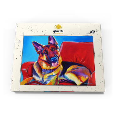 Darstellung des Puzzle Motivs Colorful German Shepherd on Red Chair 100 Puzzle Schachtel Ansicht3