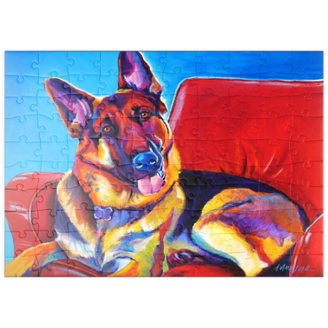 Darstellung des Puzzle Motivs puzzleplate Colorful German Shepherd on Red Chair 100 Puzzle