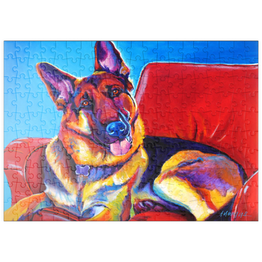 Darstellung des Puzzle Motivs puzzleplate Colorful German Shepherd on Red Chair 200 Puzzle