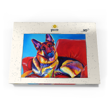 Darstellung des Puzzle Motivs Colorful German Shepherd on Red Chair 500 Puzzle Schachtel Ansicht3