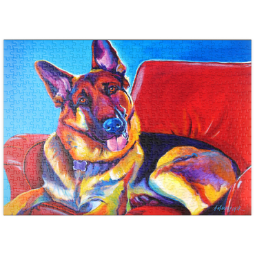 Darstellung des Puzzle Motivs puzzleplate Colorful German Shepherd on Red Chair 500 Puzzle