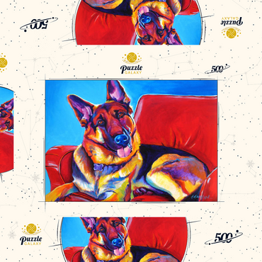 Darstellung des Puzzle Motivs Colorful German Shepherd on Red Chair 500 Puzzle Schachtel 3D Modell