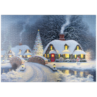 Darstellung des Puzzle Motivs puzzleplate Snowy Christmas Village with Lit Cottages 1000 Puzzle