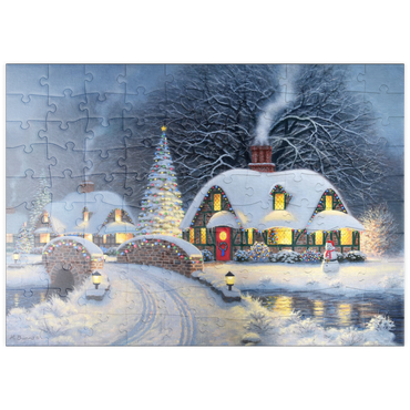 Darstellung des Puzzle Motivs puzzleplate Snowy Christmas Village with Lit Cottages 100 Puzzle
