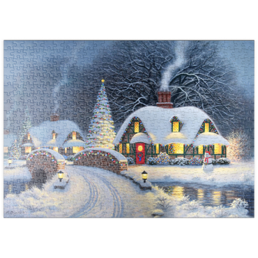 Darstellung des Puzzle Motivs puzzleplate Snowy Christmas Village with Lit Cottages 500 Puzzle