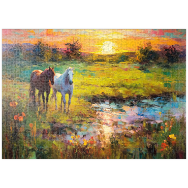 Darstellung des Puzzle Motivs puzzleplate Horses Grazing by Sunset Pond 1000 Puzzle