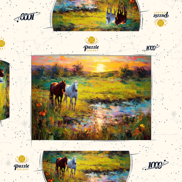 Darstellung des Puzzle Motivs Horses Grazing by Sunset Pond 1000 Puzzle Schachtel 3D Modell