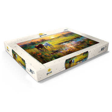 Darstellung des Puzzle Motivs Horses Grazing by Sunset Pond 100 Puzzle Schachtel Ansicht1