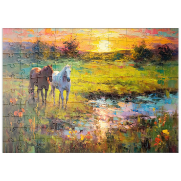 Darstellung des Puzzle Motivs puzzleplate Horses Grazing by Sunset Pond 100 Puzzle