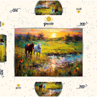Darstellung des Puzzle Motivs Horses Grazing by Sunset Pond 200 Puzzle Schachtel 3D Modell