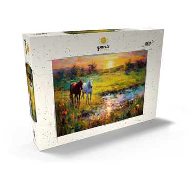 Darstellung des Puzzle Motivs Horses Grazing by Sunset Pond 500 Puzzle Schachtel Ansicht2