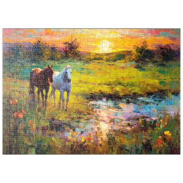 Darstellung des Puzzle Motivs puzzleplate Horses Grazing by Sunset Pond 500 Puzzle