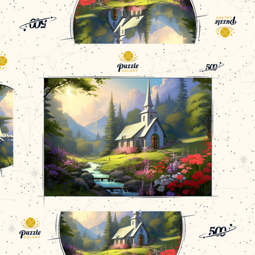 Darstellung des Puzzle Motivs Charming Church in a Mountain Valley 500 Puzzle Schachtel 3D Modell