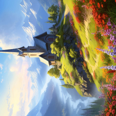 Darstellung des Puzzle Motivs Hilltop Chapel with Mountain Views 500 Puzzle 3D Modell