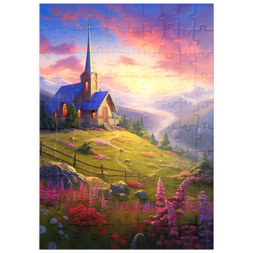 Darstellung des Puzzle Motivs puzzleplate Sunset Chapel with Vibrant Mountain Scenery 100 Puzzle