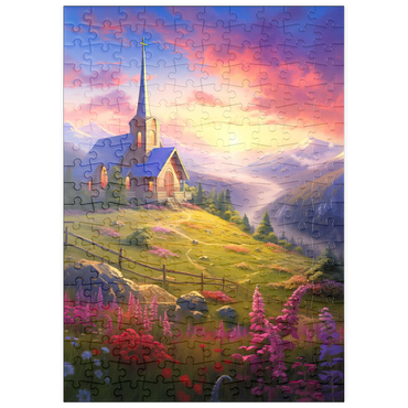 Darstellung des Puzzle Motivs puzzleplate Sunset Chapel with Vibrant Mountain Scenery 200 Puzzle