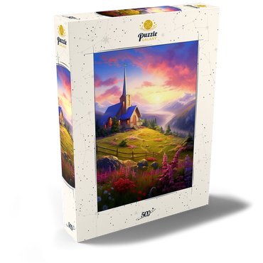 Darstellung des Puzzle Motivs Sunset Chapel with Vibrant Mountain Scenery 500 Puzzle Schachtel Ansicht2