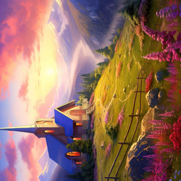 Darstellung des Puzzle Motivs Sunset Chapel with Vibrant Mountain Scenery 500 Puzzle 3D Modell