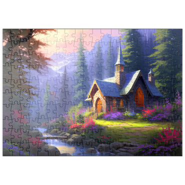Darstellung des Puzzle Motivs puzzleplate Stone Chapel in Tranquil Forest Clearing 200 Puzzle