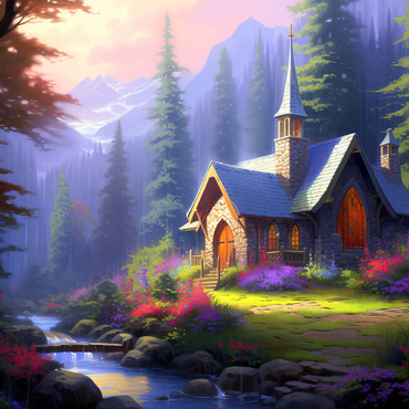 Darstellung des Puzzle Motivs Stone Chapel in Tranquil Forest Clearing 500 Puzzle 3D Modell