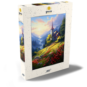 Darstellung des Puzzle Motivs Mountain Chapel with Vibrant Meadow 1000 Puzzle Schachtel Ansicht2