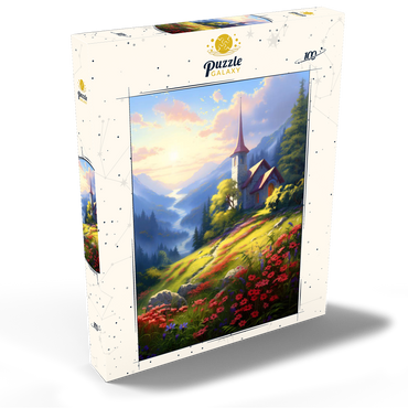 Darstellung des Puzzle Motivs Mountain Chapel with Vibrant Meadow 100 Puzzle Schachtel Ansicht2
