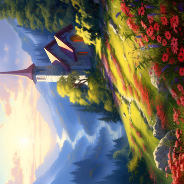 Darstellung des Puzzle Motivs Mountain Chapel with Vibrant Meadow 100 Puzzle 3D Modell