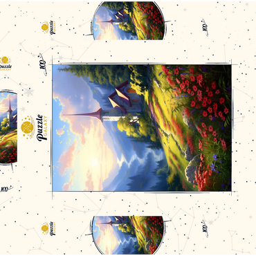Darstellung des Puzzle Motivs Mountain Chapel with Vibrant Meadow 100 Puzzle Schachtel 3D Modell