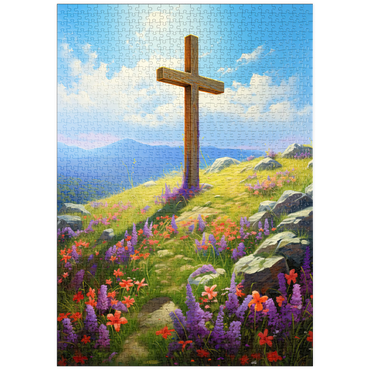 Darstellung des Puzzle Motivs puzzleplate Hilltop Cross with Wildflower Bloom 1000 Puzzle
