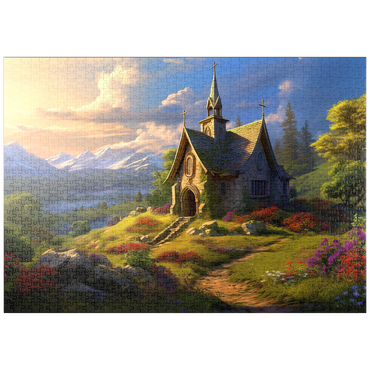 Darstellung des Puzzle Motivs puzzleplate Charming Stone Chapel in Mountain Valley 1000 Puzzle