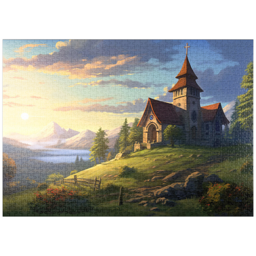Darstellung des Puzzle Motivs puzzleplate Hillside Chapel with Mountain Sunset 1000 Puzzle