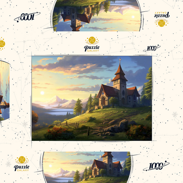 Darstellung des Puzzle Motivs Hillside Chapel with Mountain Sunset 1000 Puzzle Schachtel 3D Modell