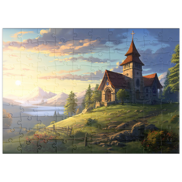 Darstellung des Puzzle Motivs puzzleplate Hillside Chapel with Mountain Sunset 100 Puzzle